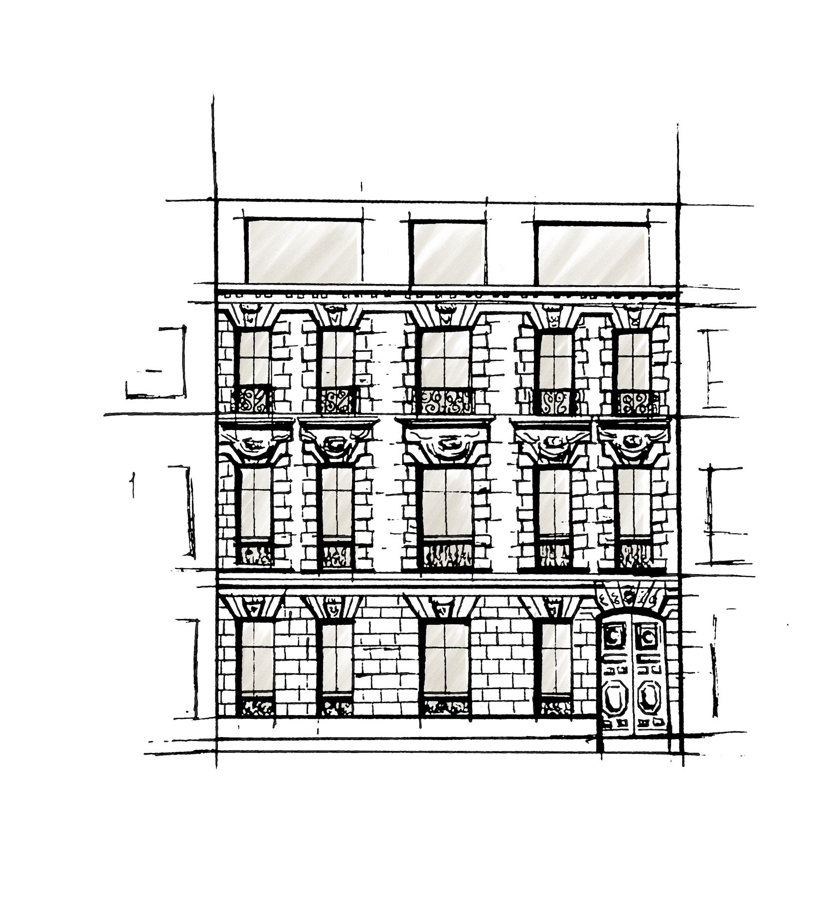 Dessin au crayon de la façade du 40 avenue d’Iéna