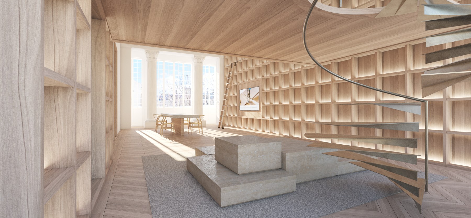 Bibliothèque et mezzanine, perspective du projet